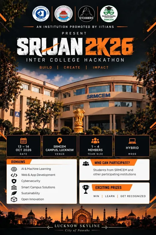 SRIJAN 2K26 inter-college hackathon poster: 13–14 Oct 2026, SRMCEM Campus Lucknow, hybrid mode