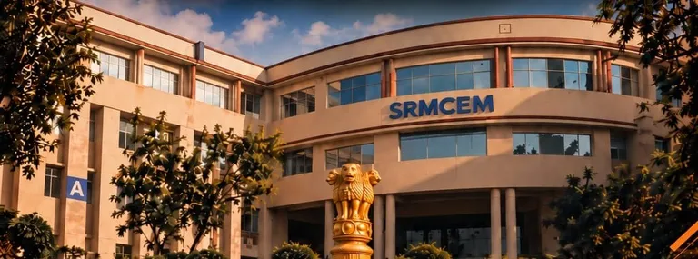 SRMCEM campus building with the golden Ashoka lion capital statue in front